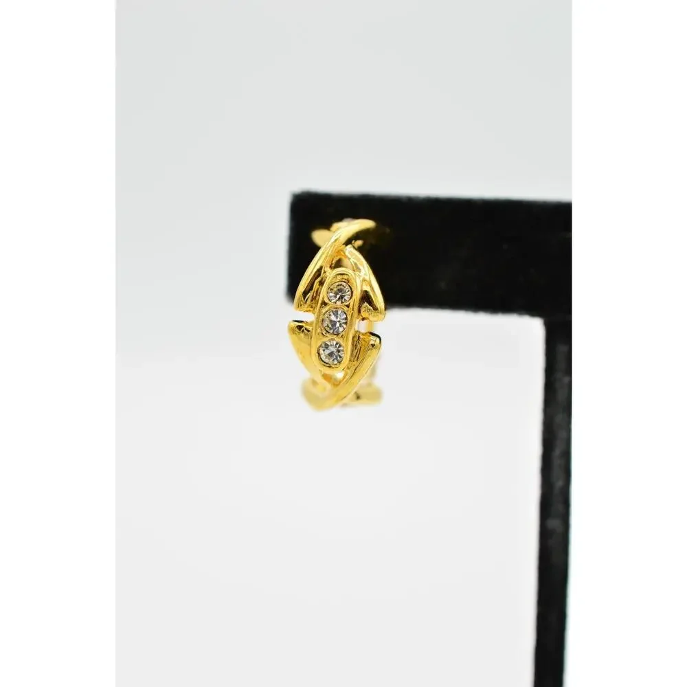Vintage Crystal Clip On Earrings Gold Dangle X Rhinestone Chunky NOS 1980s 9L